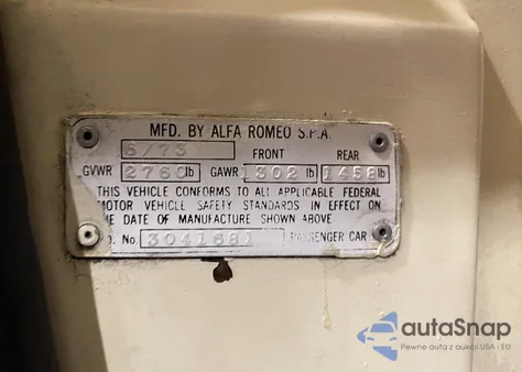 1973 Alfa Romeo Spider из США, поврежденный, VIN 30416810000000000